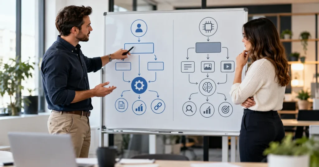 Two colleagues at a whiteboard comparing two flow diagrams side by side