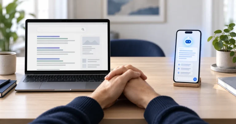 A laptop showing a page of search results beside a phone showing an AI chatbot answer
