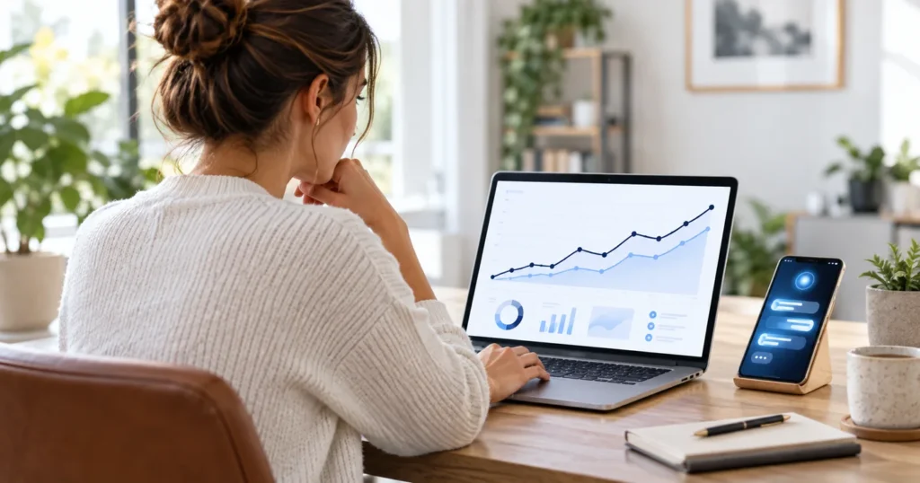 Woman at a desk reviewing traffic charts on a laptop, with an AI chat open on a phone beside it
