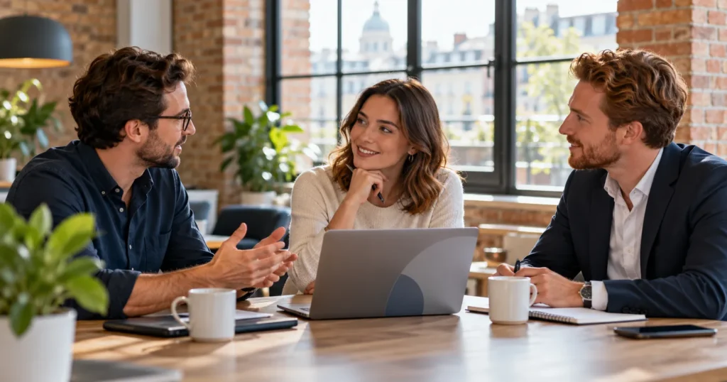 Three colleagues talking around a laptop at a table in a brick-walled office