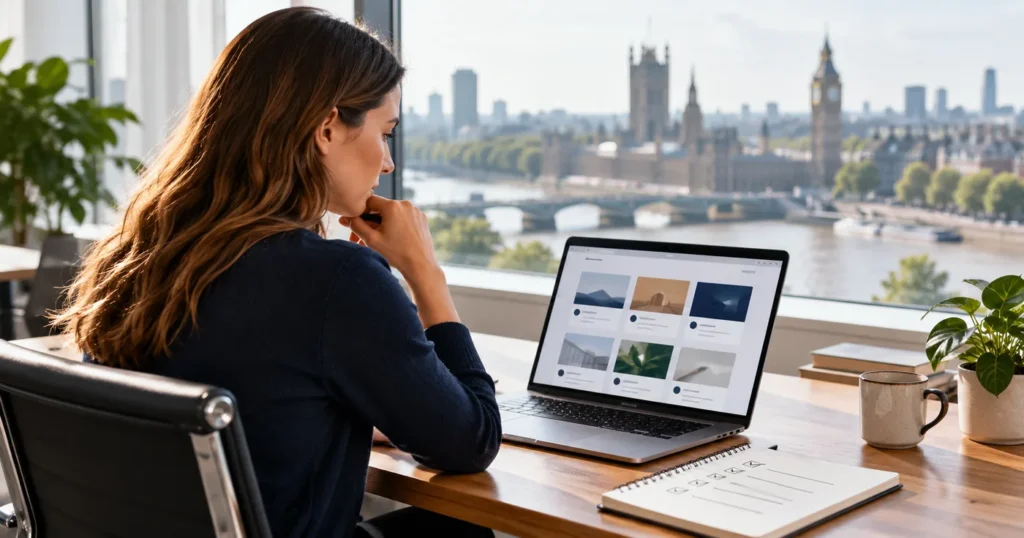 Woman comparing options on a laptop at a desk overlooking the Thames and Westminster