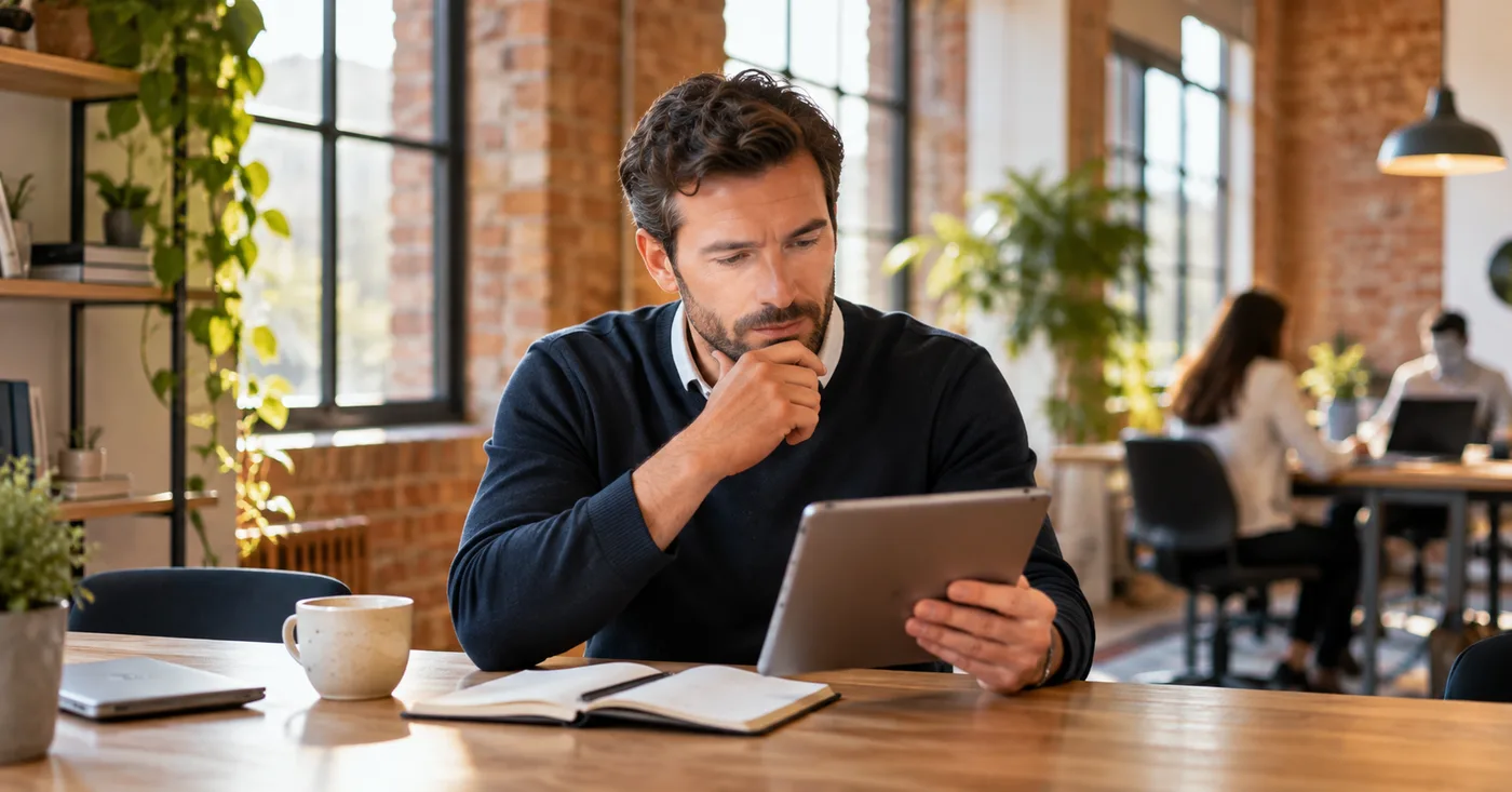 Man reading a tablet at a desk in an open-plan office, with a notebook and coffee beside him