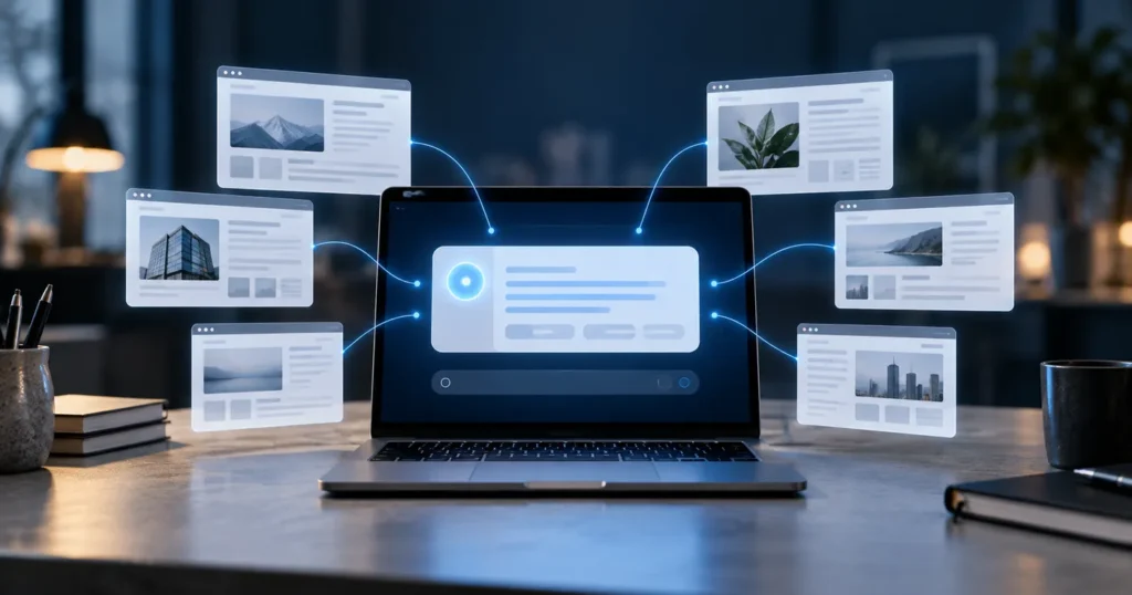 Laptop showing an AI answer panel connected by lines to several source web pages around it