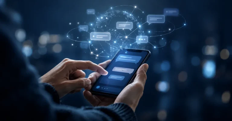 Hands holding a phone showing an AI chat, with a glowing globe and message bubbles above it