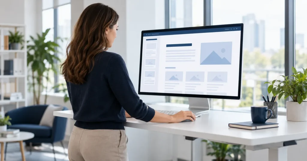 Woman at a standing desk reviewing a web page layout on a large monitor