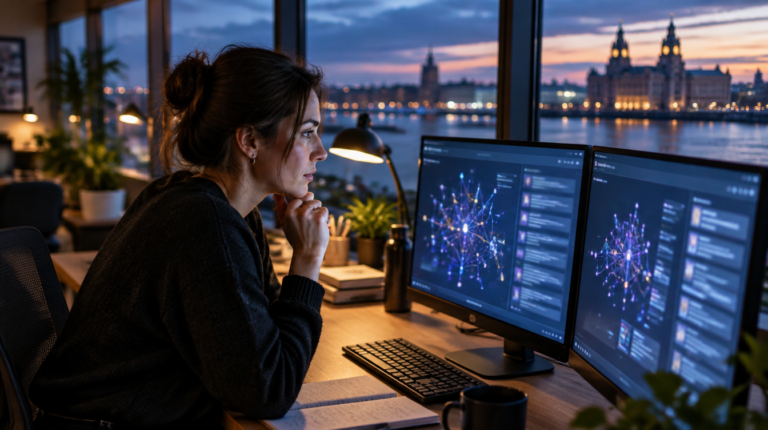 Search specialist in a riverside agency studio at dusk, studying abstract diagrams of how AI chooses sources