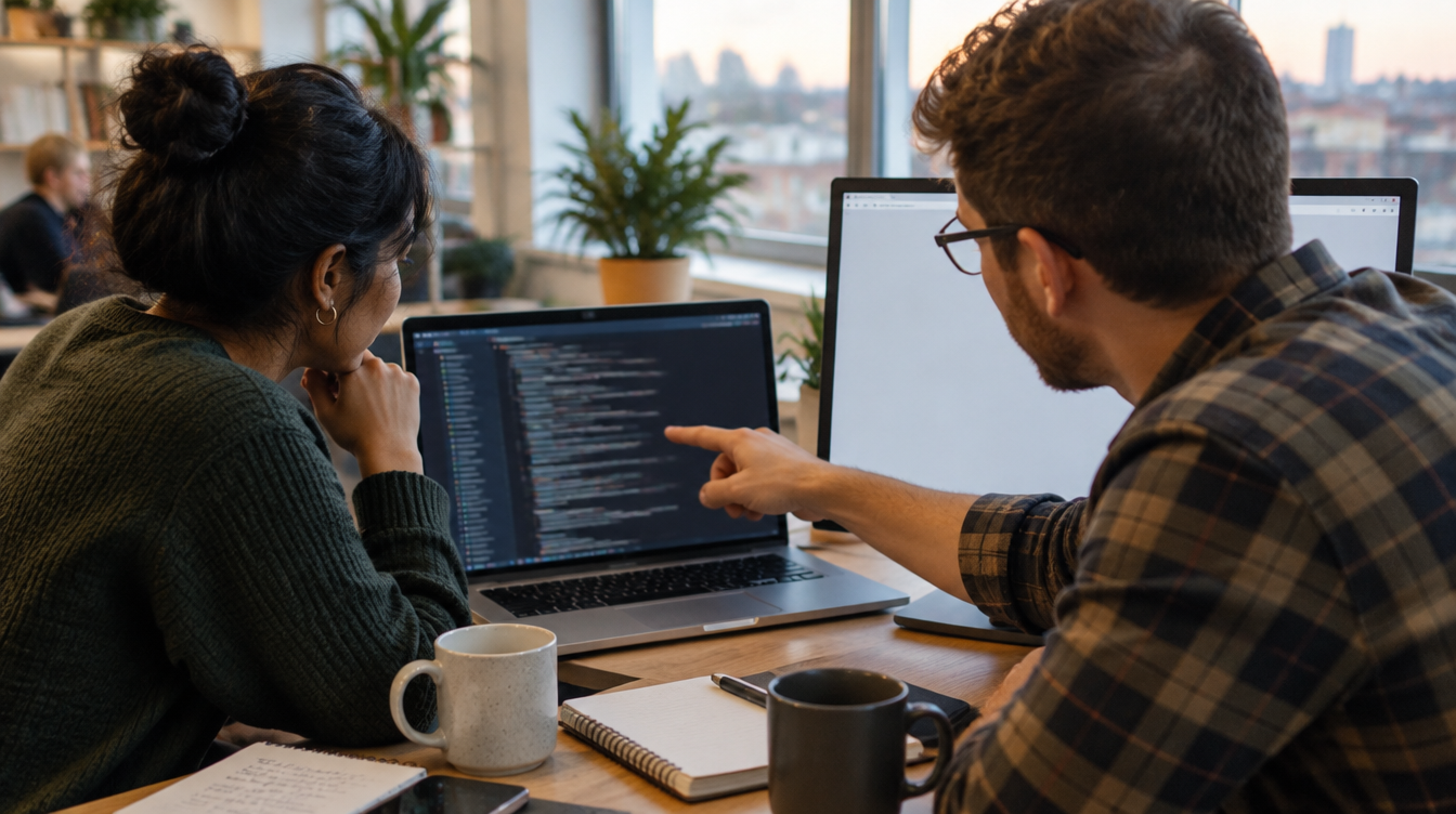 Two SEO specialists comparing a screen of code with a near-blank screen in a bright office