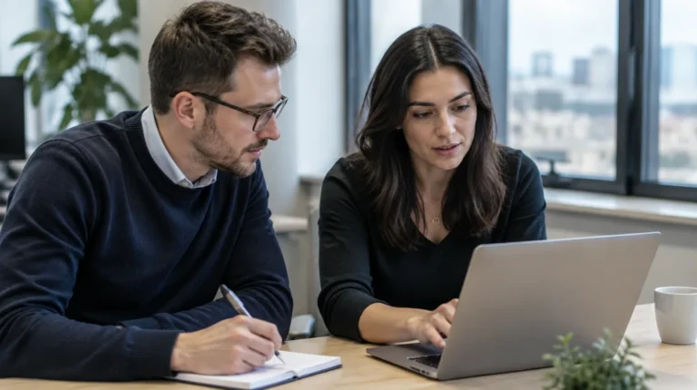 Two marketers reviewing a prioritised list of AI-scored sales leads on a laptop in a UK office