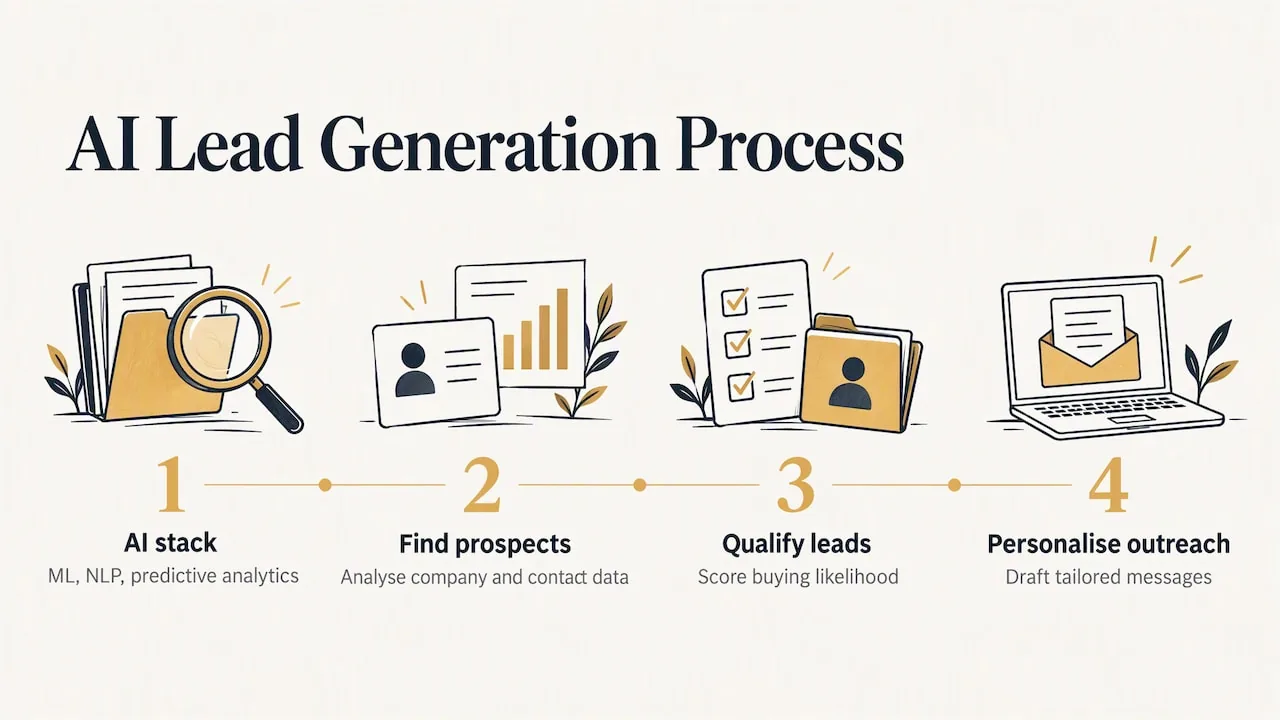 AI lead generation process in four steps: AI stack, find prospects, qualify leads, personalise outreach