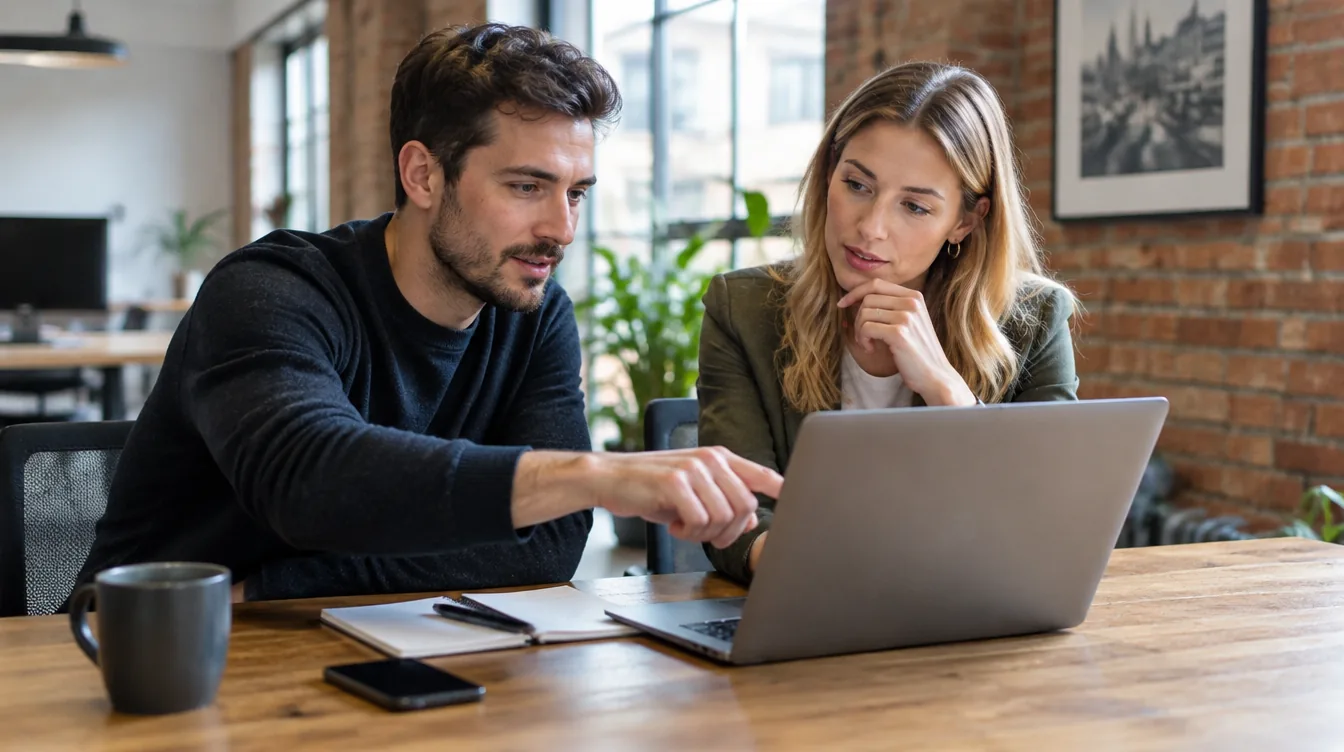Two marketing consultants reviewing a laptop together at a table in a brick-walled office