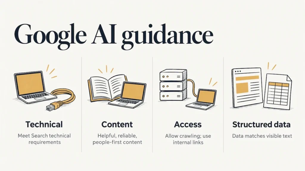 Diagram of the five core areas of an AI SEO workplan