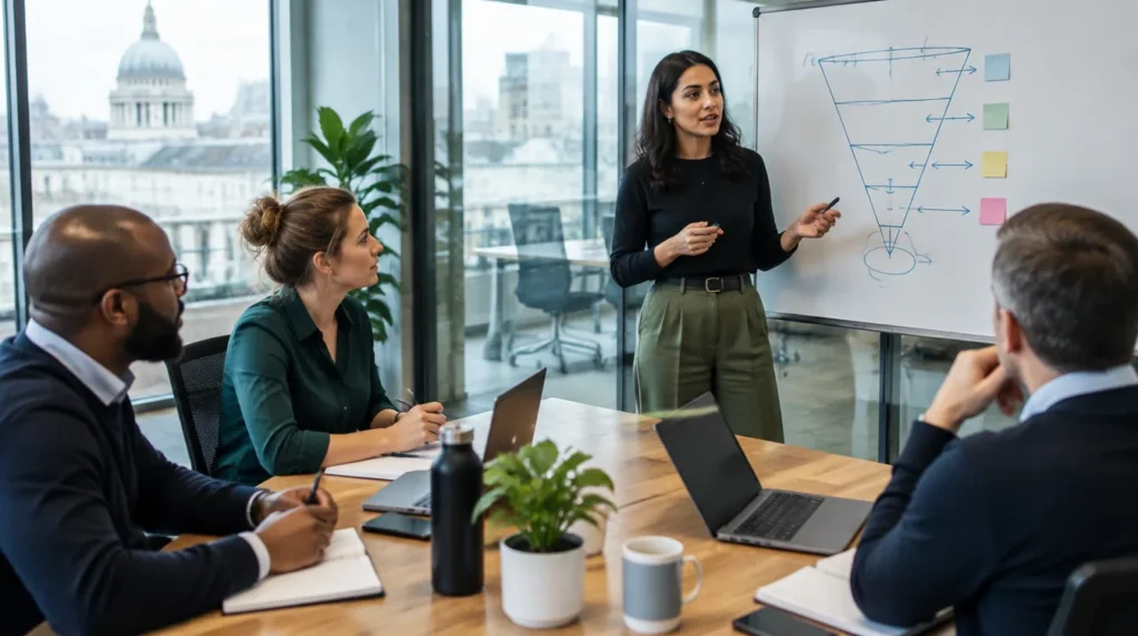 Marketing team in a glass meeting room listening to a colleague present a sales funnel on a whiteboard