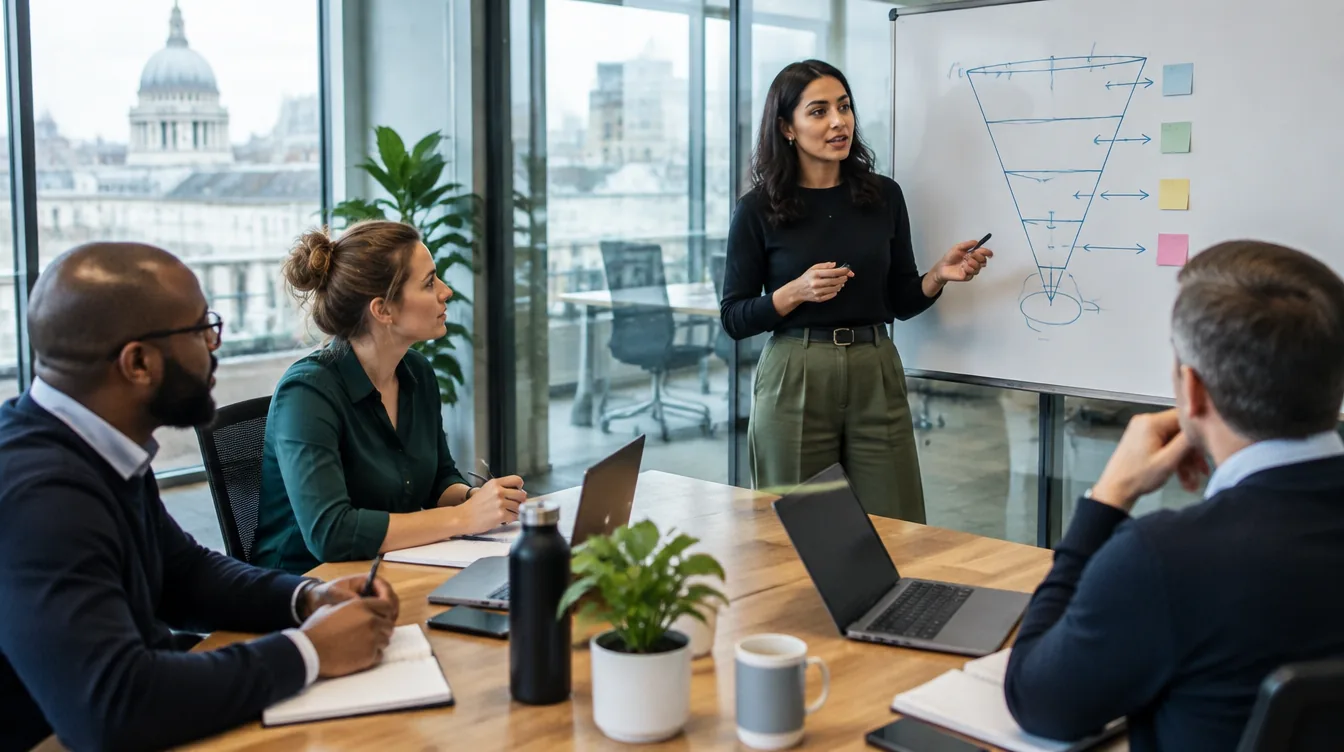 Marketing team in a glass meeting room listening to a colleague present a sales funnel on a whiteboard