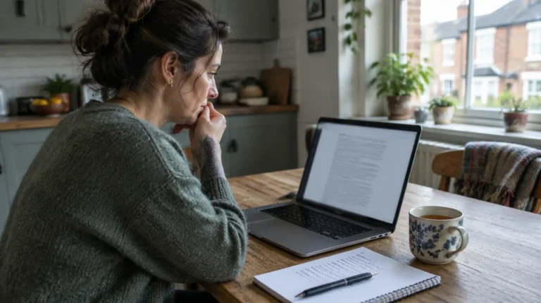 Business owner at a kitchen table reading an AI assistant's answer on a laptop